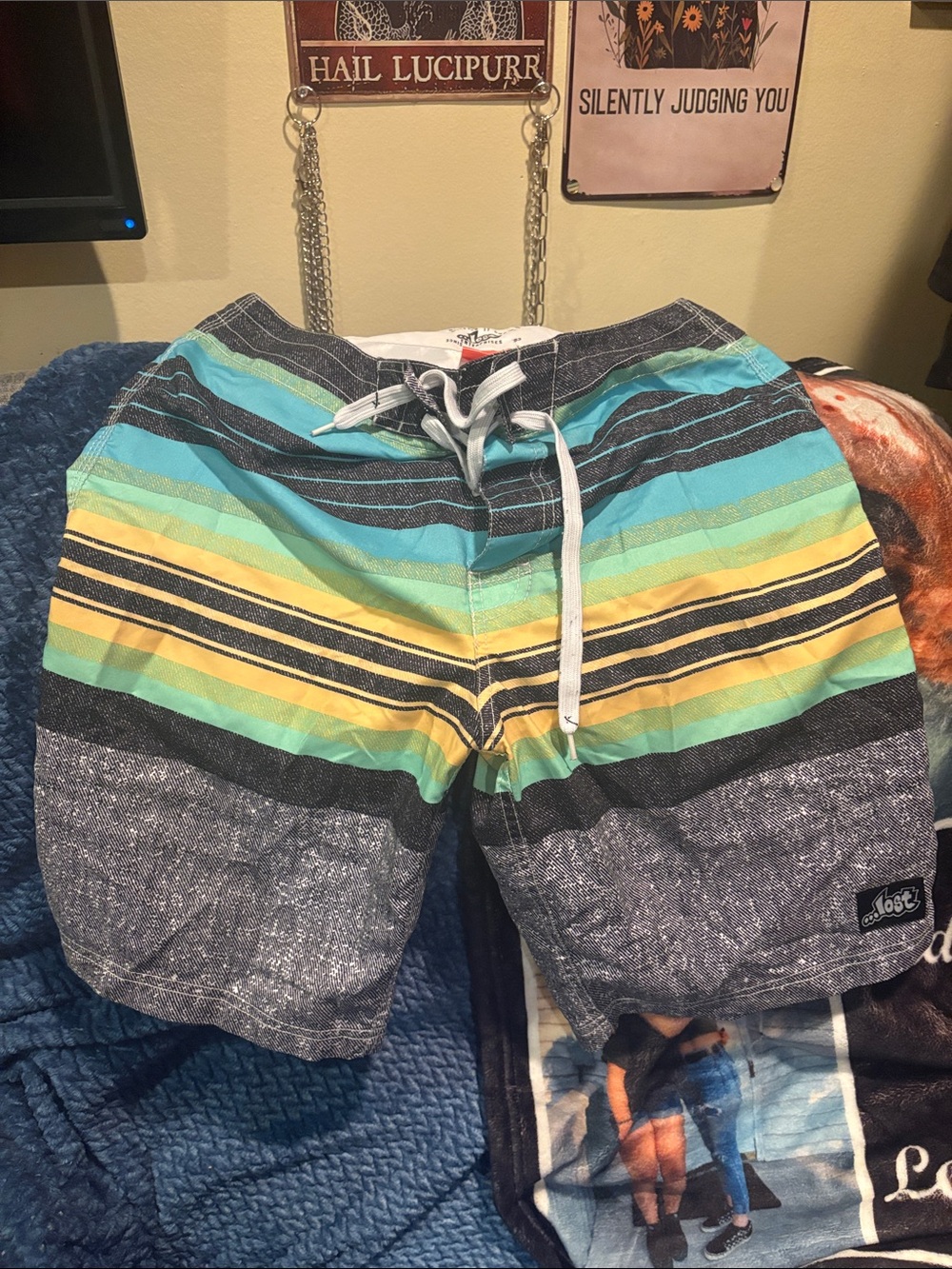 Lost Men’s Striped Swim Shorts in Teal, Yellow, Gray
